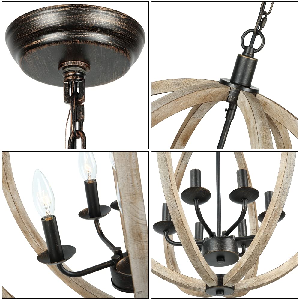 Congratsu Orb 6-Light Farmhouse Chandelier Brown Globe Handmade Wood Light Fixture for Dining Room, Living Room, Bedroom, Kitchen Island, Foyer, 20” Dia - WoodArtSupply