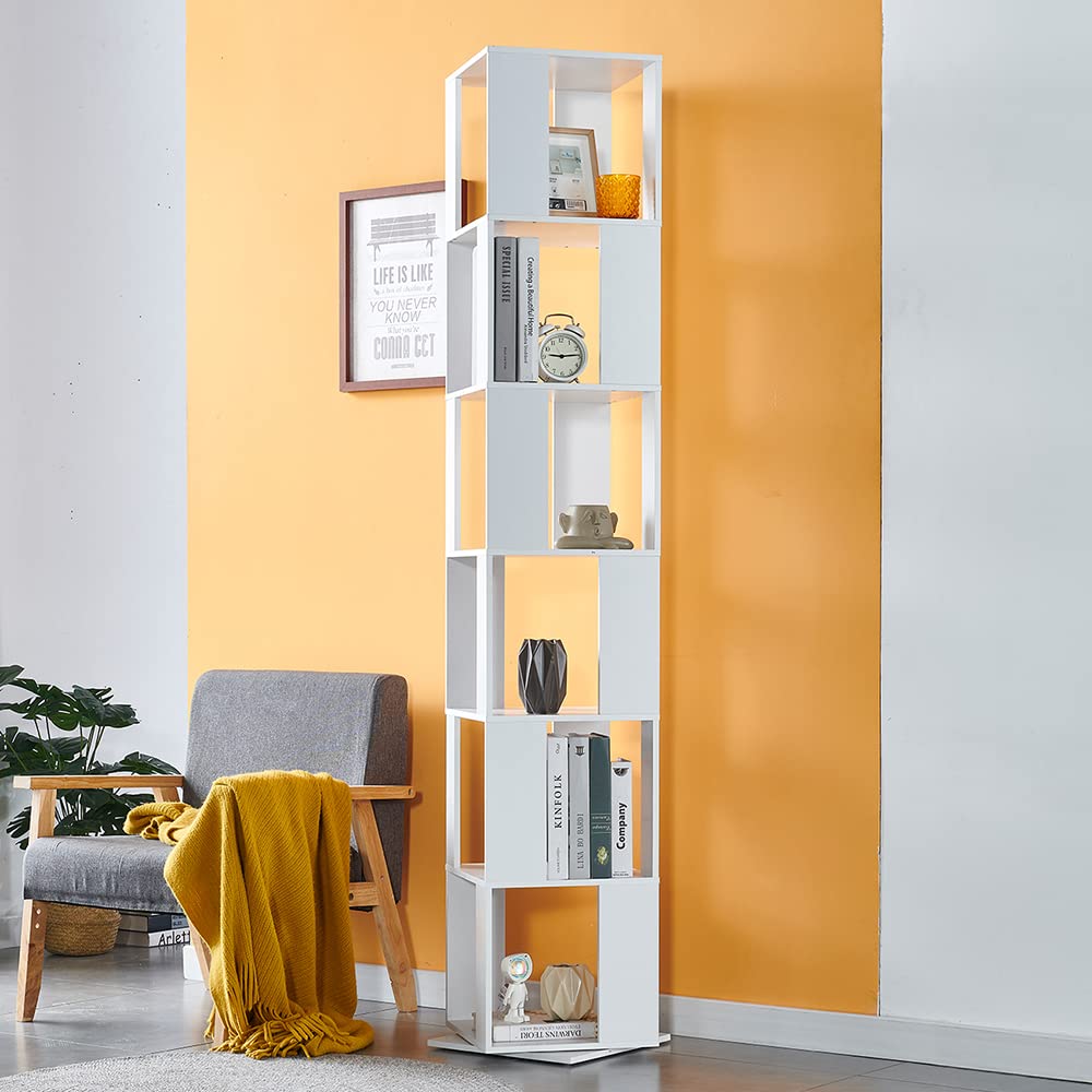 RVEE 360° Rotating White 6-Tier Corner Bookshelf for Home and Office - WoodArtSupply