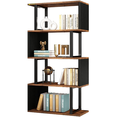 ALISENED 5 Tier Bookshelf, S Shaped Geometric Bookcase, Narrow Freestanding Display Shelves, Modern Wood Decorative Storage Rack for Bedroom, Living Room, Home Office, Black 5-Tier