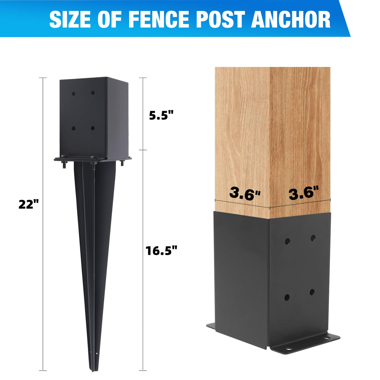 POSTYBAY 3 Pcs 4"x4" Fence Post Anchor Ground Spike 22"(Internal 3.6"x3.6"), Fence Stakes Post Base with Black Powder-Coated for Deck,Fence,Porch,Railing,Mailbox POSTYBAY