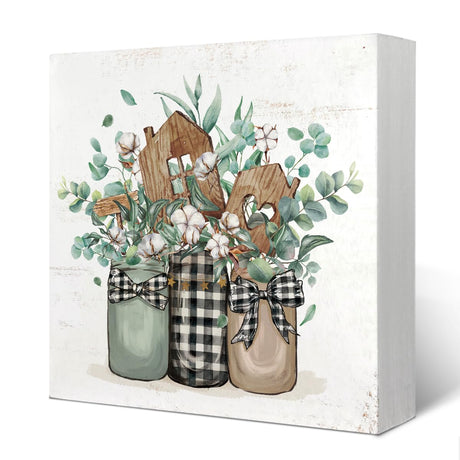 Yetmadi Spring Eucalyptus Leaves Sign Wood Box Desk Decor,Eucalyptus Decor,Sage Green Eucalyptus Leaves Wooden Block Box Sign Decoration for Farmhouse Shelf Table Decor,5x5 Inch Yetmadi