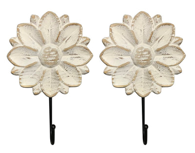 dwellington Decorative Wall Mounted Flower Hooks, White Distressed Wood Hanging Hooks, Farmhouse Boho Coat Rack Hooks for Hanging Things, Towels, Purse