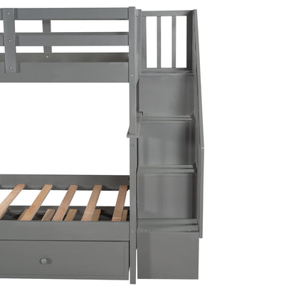 Stunning Gray Twin Over Twin Bunk Bed with Stairs and Trundle by Harper & Bright Designs - WoodArtSupply