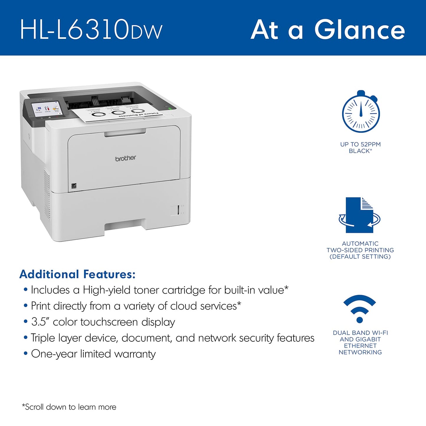 Brother HL-L6310DW Enterprise Monochrome Laser Printer with Low-Cost Printing, Wireless Networking, and Large Paper Capacity