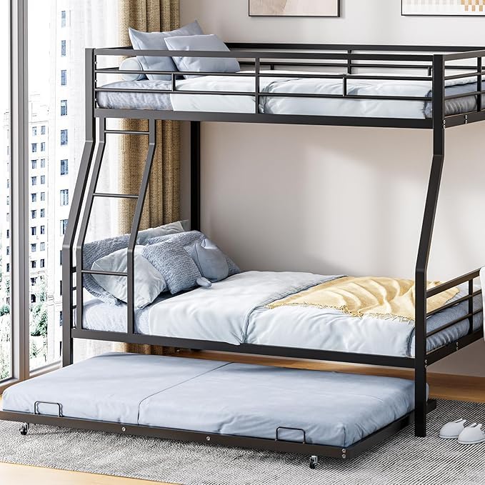 UOCFYK Full XL Over Queen Metal Bunk Bed with Trundle and Ladders for Teens Youths Adults,Heavy-Duty Bunk Bed with Guardrail,Space Saving Design,No Box Spring Needed,Black