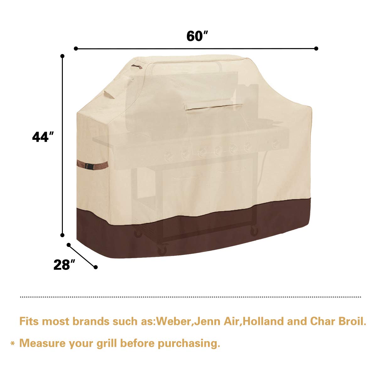 Vailge Grill Cover,60-inch Waterproof BBQ Cover,600D Heavy Duty Gas Grill Cover, UV & Dust & Rip & Fading Resistant,Suitable for Weber, Brinkmann, Char Broil Grills and More,Beige Vailge