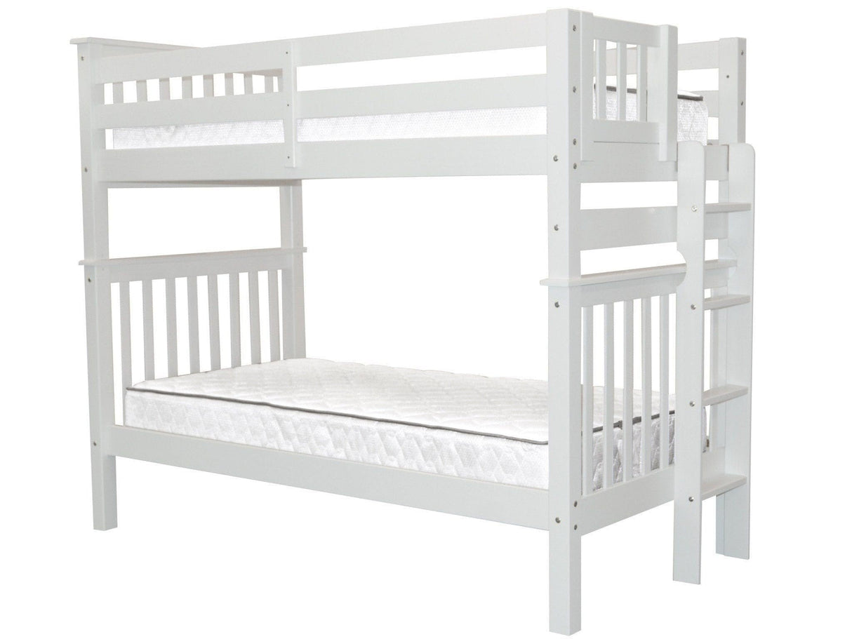 Bedz King Tall Bunk Beds Twin over Twin Mission Style with End Ladder, White Bedz King