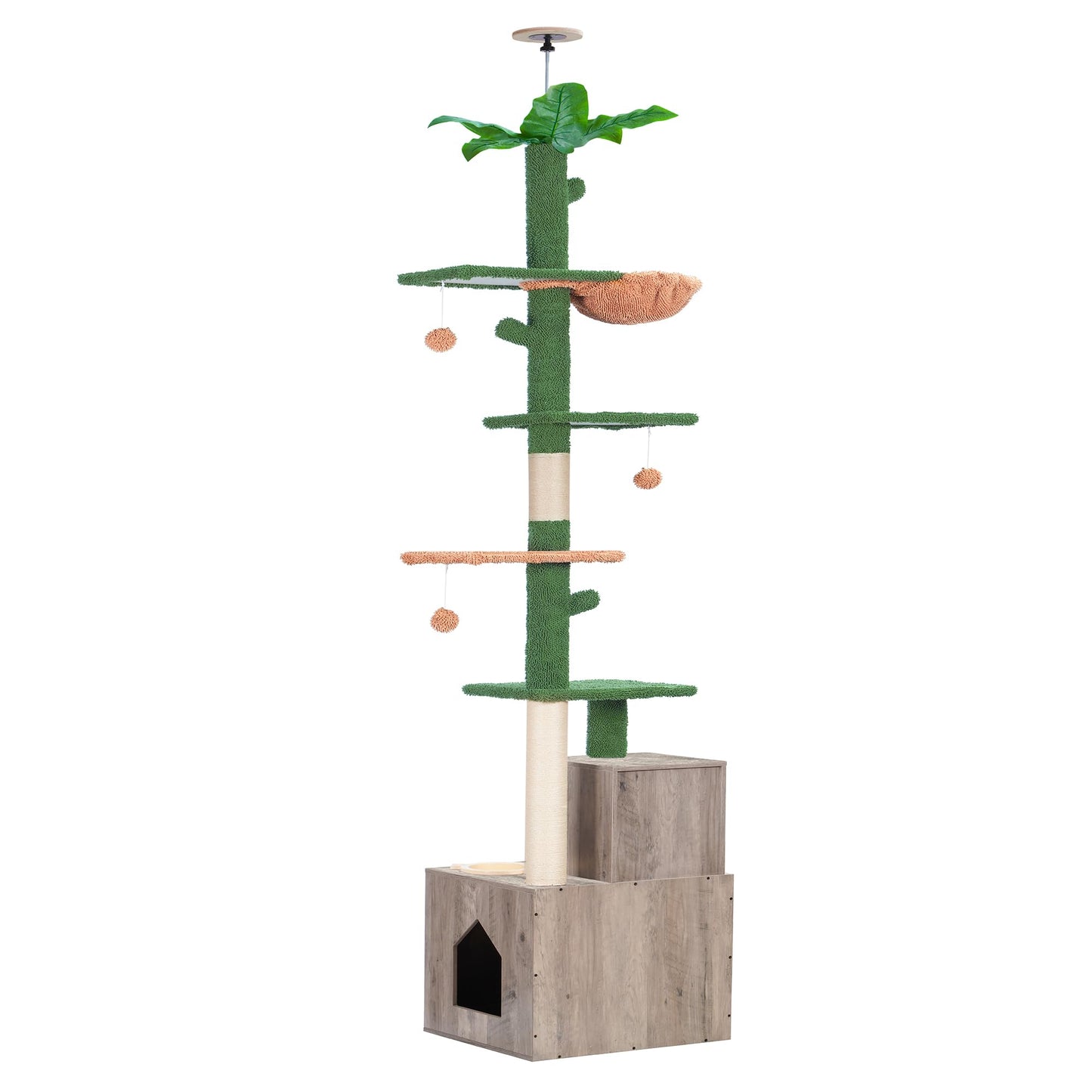 Heybly Cat Tree Floor to Ceiling，Cactus Cat Tower with Adjustable Height(97-108 Inches) and Wood Litter Box Enclosure,Cat Condo Furniture with Cozy Basket and Scratching Board Rustic Gray HCT - WoodArtSupply