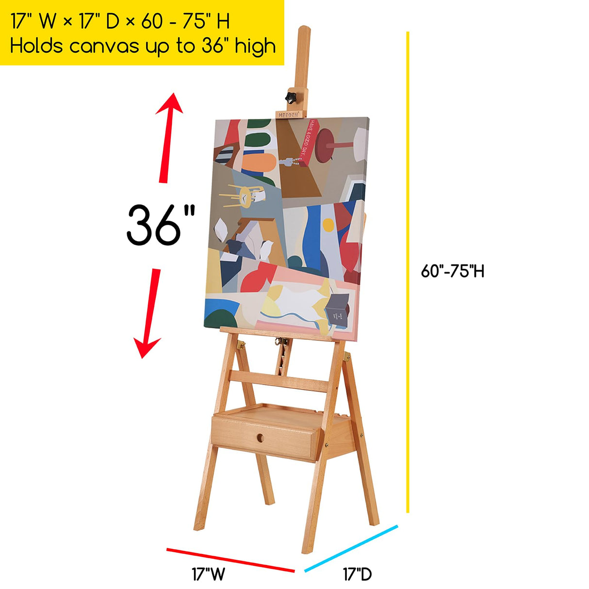 MEEDEN Forward Tilt Studio H-Frame Easel with Art Supply Storage Drawer - Adjustable (58"~75") Solid Beech Wood Easel Stand for Artists, Students and Beginners, Holds Canvas Art up to 37" MEEDEN
