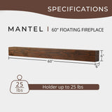 WELLAND 60 - Inch Fireplace Mantel Shelf, Real Wood Floating Wall Shelf, Walnut Color, Pinewood WELLAND