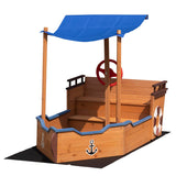 Wood Sandbox with Canopy, 63'' x 30.7'' Pirate Ship Sandbox with Cover and Rudder, Sand Box for Kids Ages 4-8, Kids Sandbox with Storage Bench and Seat, Kids Outdoor Playhouse for Backyard, Garden Angel Sar