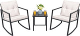 Greesum 3 Pieces Rocking Wicker Bistro Set, Patio Outdoor Furniture Conversation Sets with Porch Chairs and Glass Coffee Table, Beige Greesum