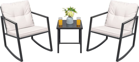 Greesum 3 Pieces Rocking Wicker Bistro Set, Patio Outdoor Furniture Conversation Sets with Porch Chairs and Glass Coffee Table, Beige Greesum