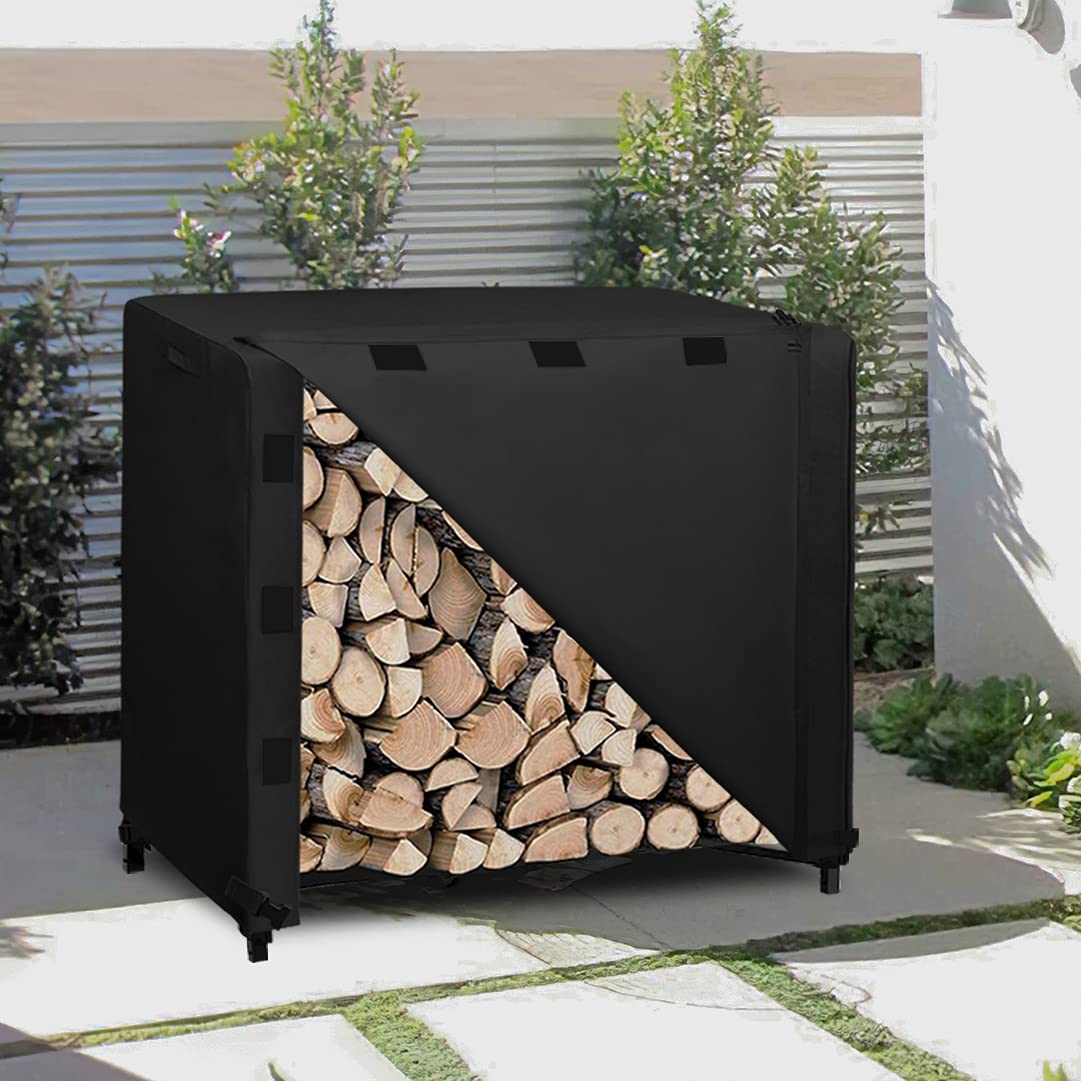 Easy-Going 4 Feet Outdoor Log Rack Cover Durable Waterproof Weatherproof Firewood Cover with Openable Front Flap, Cover ONLY (48"x24"x41", Black)