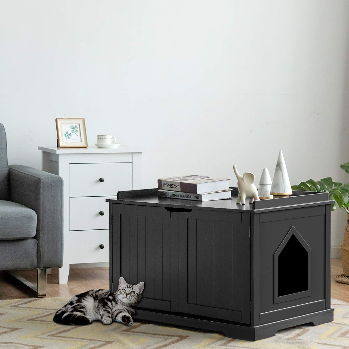 Tangkula Litter Box Enclosure, Cat Litter Box Furniture Hidden, Nightstand Pet House with Double Doors, Indoor Decorative Cat Box Cabinet, Cat Washroom Storage Bench for Large Cat Kitty - WoodArtSupply