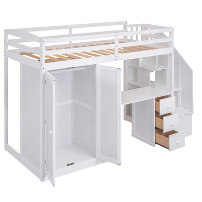 MERITLINE Twin Loft Bed with Desk, Wardrobe, and Storage Stairs - Space-Saving Design for Kids and Teens in White - WoodArtSupply