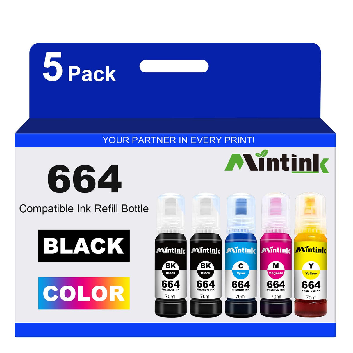 Compatible Epson 664 Ink Refill Bottles for Epson Printer (Black, Cyan, Magenta, Yellow) T664 Ink Bottles for Epson Printer ET-2650 ET-2550 ET-16500 ET-4500 ET-4550 ET-3600 Ink Bottles Mintink