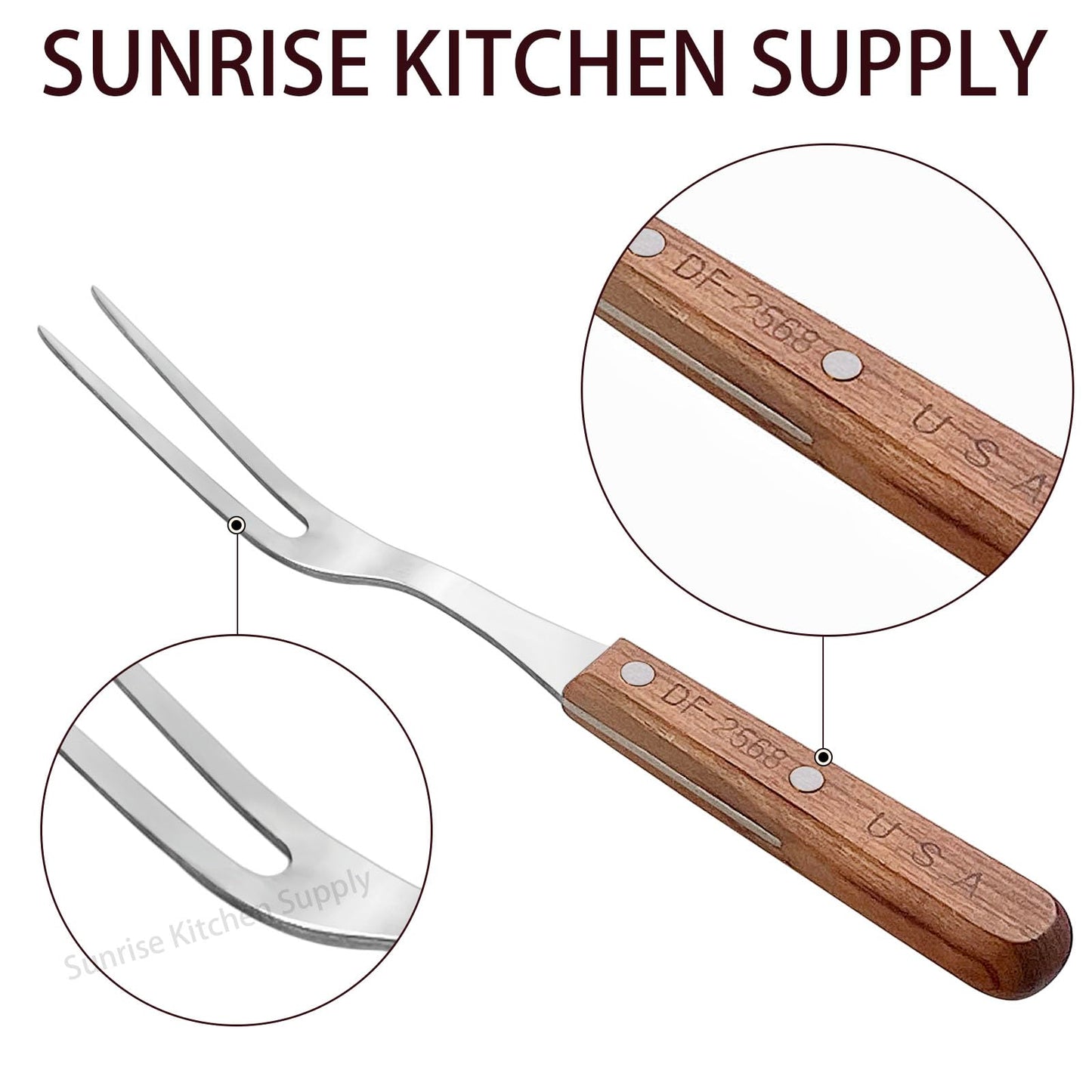 Sunrise Kitchen Supply Stainless Steel Turner Spatula & Meat Fork with Wood Handle (10.5" Fork (2 pack))