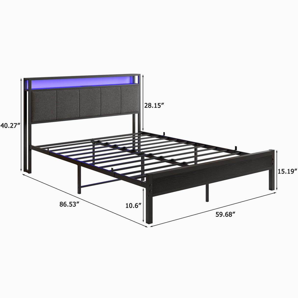 VECOCHO Queen Upholstered Bed Frame with Charging Station, LED Lights, and Headboard Storage - Dark Grey VECOCHO