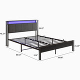 VECOCHO Queen Upholstered Bed Frame with Charging Station, LED Lights, and Headboard Storage - Dark Grey VECOCHO