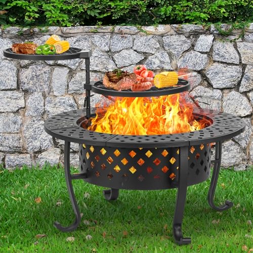 Panovue 36 Inch Fire Pit with 2 BBQ Grills, Wood Burning Fire Pits for Outside with Lid & Fire Poker, BBQ& Outdoor Firepit & Round Metal Table 3 in 1 for Patio, Picnic, Party… Panovue