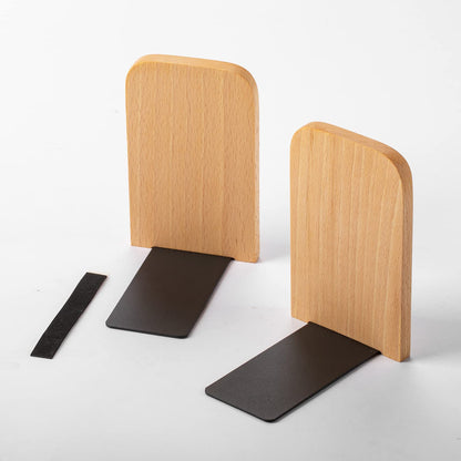 Muso Wood Book Ends for Shelves, Non-Slip Bookends, Heavy Duty Wooden Bookend Support for Books and Movies (Beech 1 Pair)