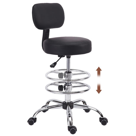 KLASIKA Drafting Chair with Backrest, Adjustable Foot Rest Height Rolling Stool with Wheels, Leather Swivel Work Shop Office Stools Chairs, Thick Seat Cushion Tall Kitchen Home Bar Stool - Black KLASIKA