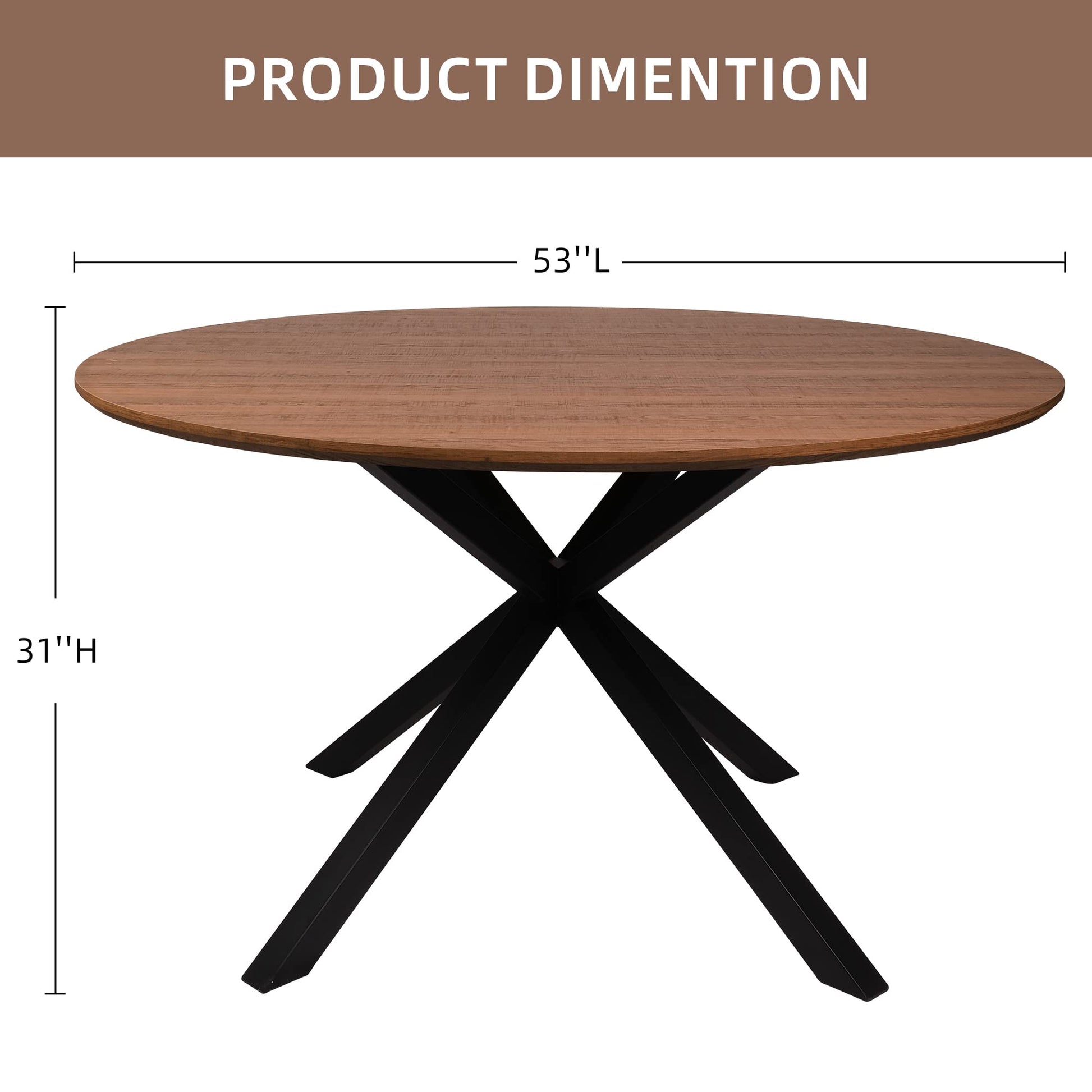 53'' Mid-Century Modern Round Dining Room Table for 4-6 Person for Home, Kitchen, Restaurant, W/Solid Metal Legs Leisure Table , Easy-Assembly, Walnut Looking - WoodArtSupply