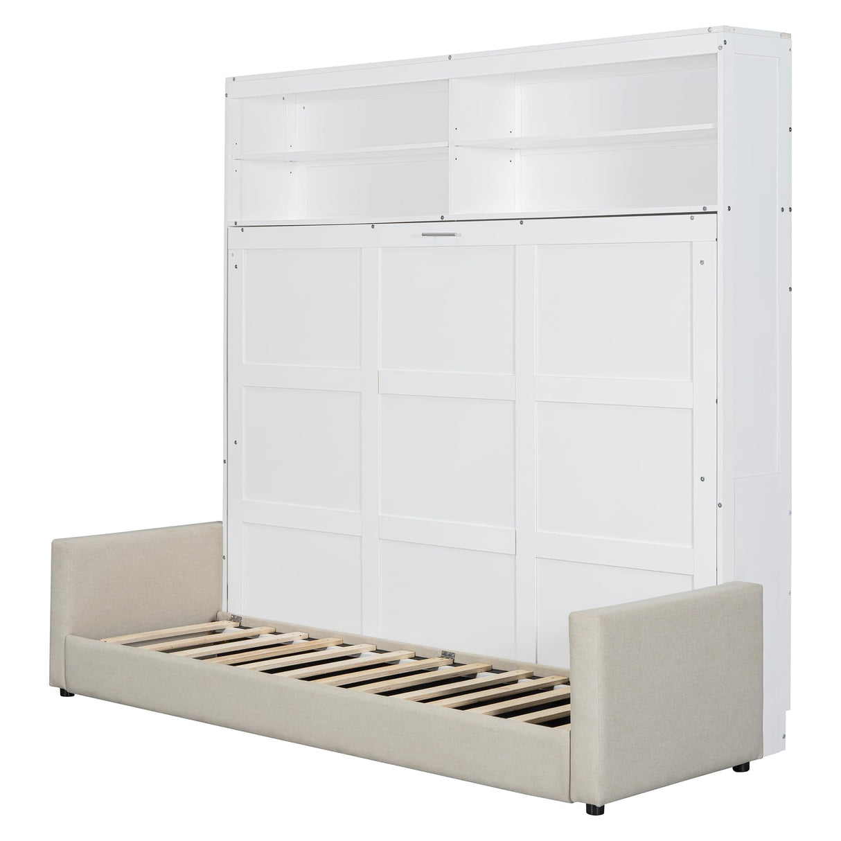 LZ LEISURE ZONE Queen Size Murphy Bed, Wooden Queen Murphy Bed with Sofa, Cushionand Shelves, White LZ LEISURE ZONE