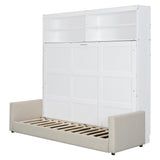LZ LEISURE ZONE Queen Size Murphy Bed, Wooden Queen Murphy Bed with Sofa, Cushionand Shelves, White LZ LEISURE ZONE