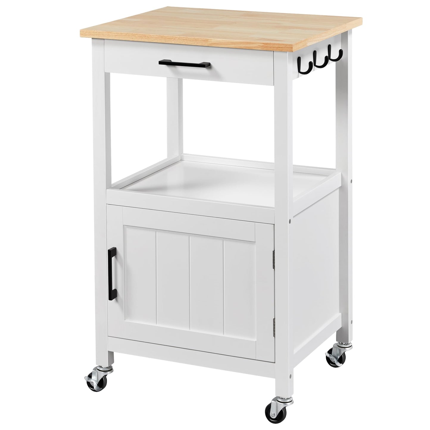 Yaheetech Rolling Kitchen Island with Single Door Cabinet, Kitchen Cart with Drawer on Swivel Wheels, Small Coffee Cart Microwave Stand with 3 Side Hooks for Dining Room, White