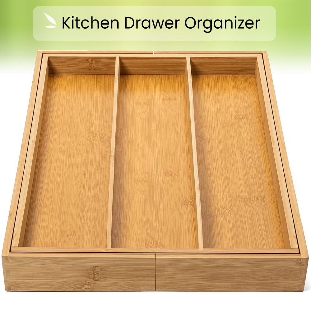 Purawood Kitchen Drawer Organizer - Expandable Utensil Drawer Organizer for Kitchen, Cutlery Tray & Silverware Drawer Organizer, 3-5 Slots - Bamboo Drawer Organizer for Utensils & Flatware (Natural)