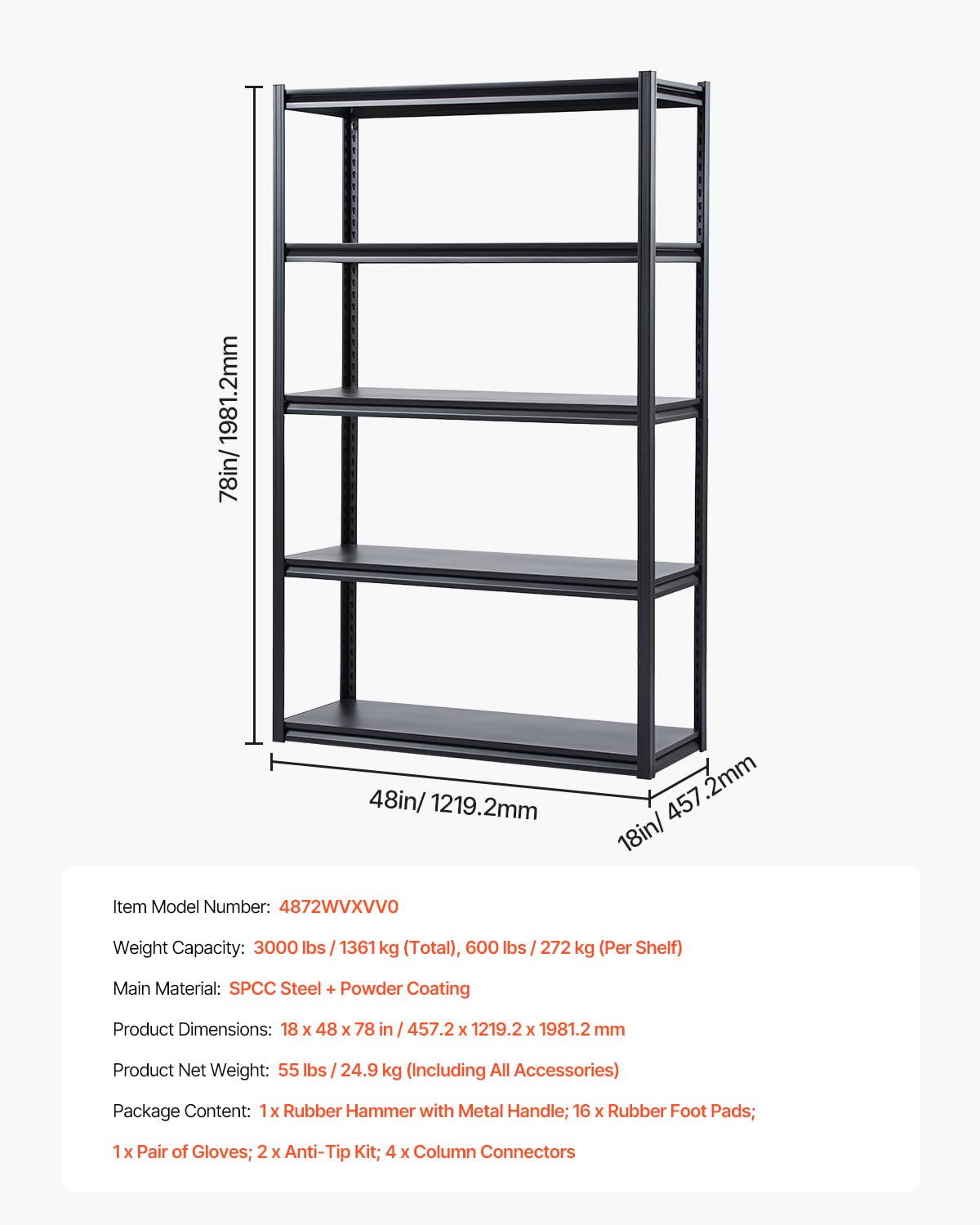 VEVOR Storage Shelves, 3000 lbs, 5 Tier Garage Storage Shelving, 18" D x 48" W x 78" H Adjustable Metal Shelves for Garage Shelves Utility Rack Shelf, Ideal for Kitchen, Warehouse, Basement, Black VEVOR