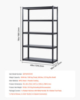 VEVOR Storage Shelves, 3000 lbs, 5 Tier Garage Storage Shelving, 18" D x 48" W x 78" H Adjustable Metal Shelves for Garage Shelves Utility Rack Shelf, Ideal for Kitchen, Warehouse, Basement, Black VEVOR