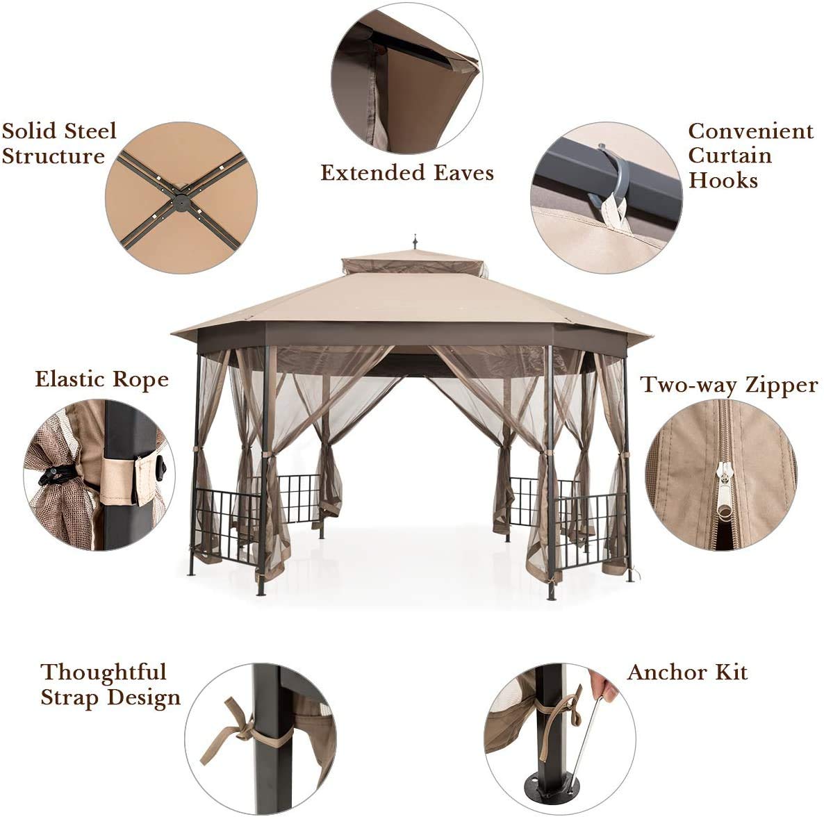 Moccha 10 x 12 Ft Heavy Duty Octagonal Canopy Tent Patio Gazebo with Netting Sidewalls and Sturdy Steel Frame, Double Roof Vented Gazebo Canopy Shelter for Party, BBQ, Backyard, Event, Family, Brown LDAILY