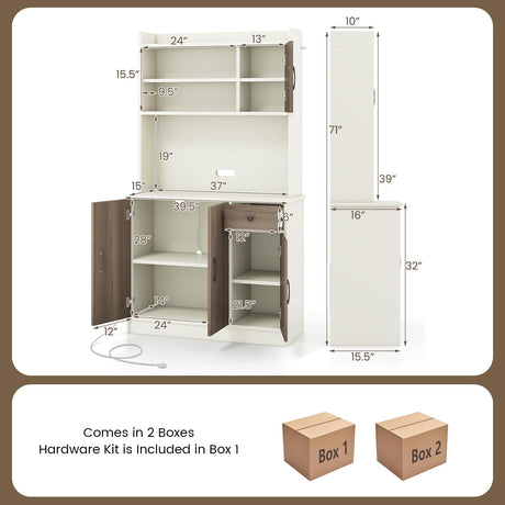 COSTWAY Kitchen Pantry Storage Cabinet, 71" Freestanding Tall Hutch Cabinet with Charging Station, Microwave Stand, Adjustable Shelves, Modern Buffet Cabinet with Hutch for Dining Room, Kitchen, White COSTWAY
