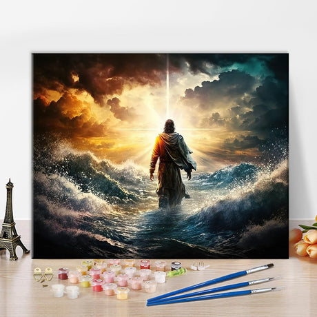 TUMOVO Jesus Paint by Numbers Kit, Figure of Jesus Walks on Water on Beautiful Sunset Paint by Numbers for Adults Kids with Brushes and Pigment, Oil Painting for Wall Decor, 16x20 Inch TUMOVO