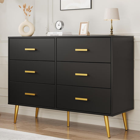 GarveeHome 6 Drawer Dresser, Modern Wooden Dresser with Gold Handles and Storage Space, Chest of Drawers for Bedroom, Hallway, Living Room and Entryway, Black GarveeHome