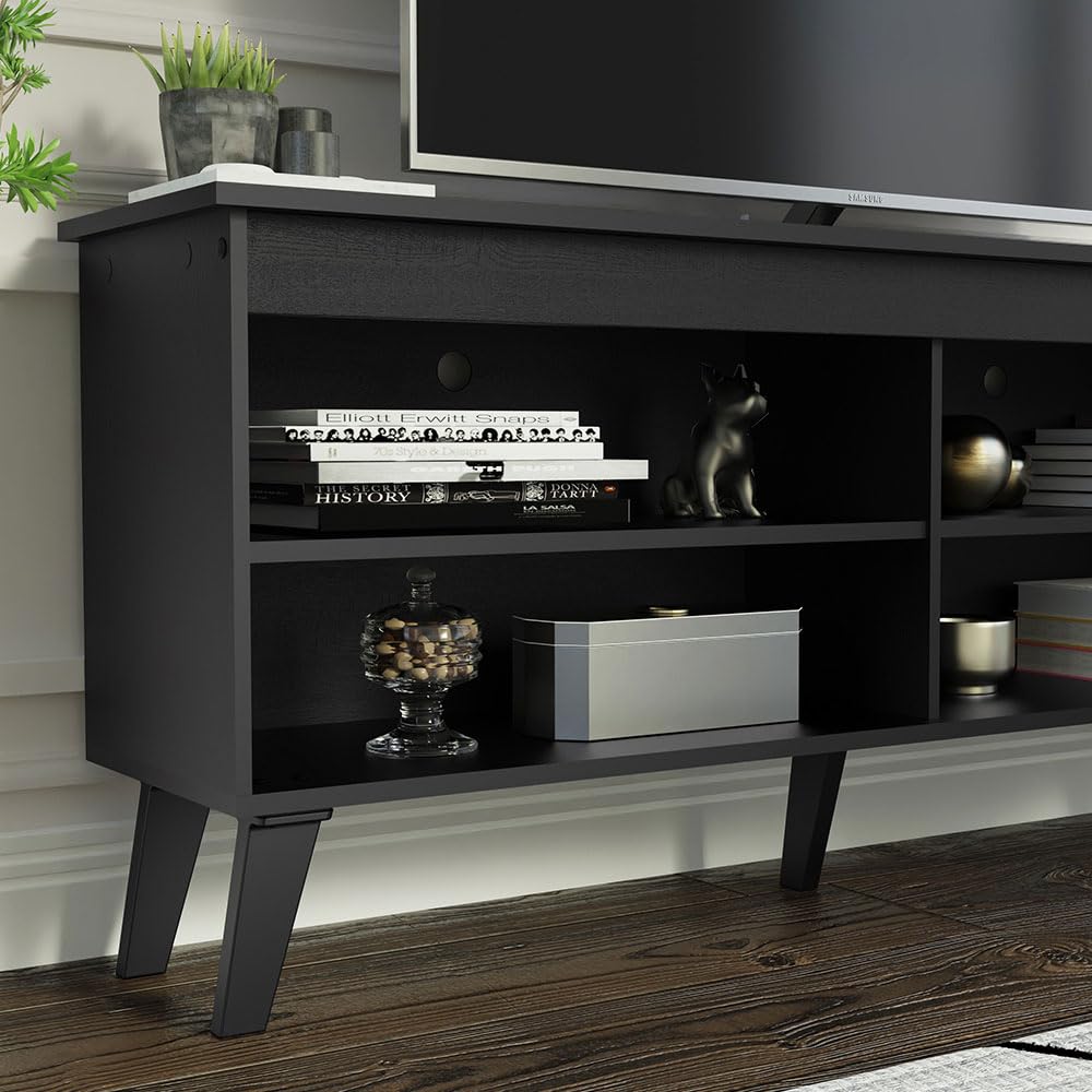 Madesa Compact TV Stand Cabinet with 4 Shelves and Cable Management for 50, 55 Inch TV Media Storage Unit Living Room and Bedroom Modern Wooden Television Media Console - Black Madesa
