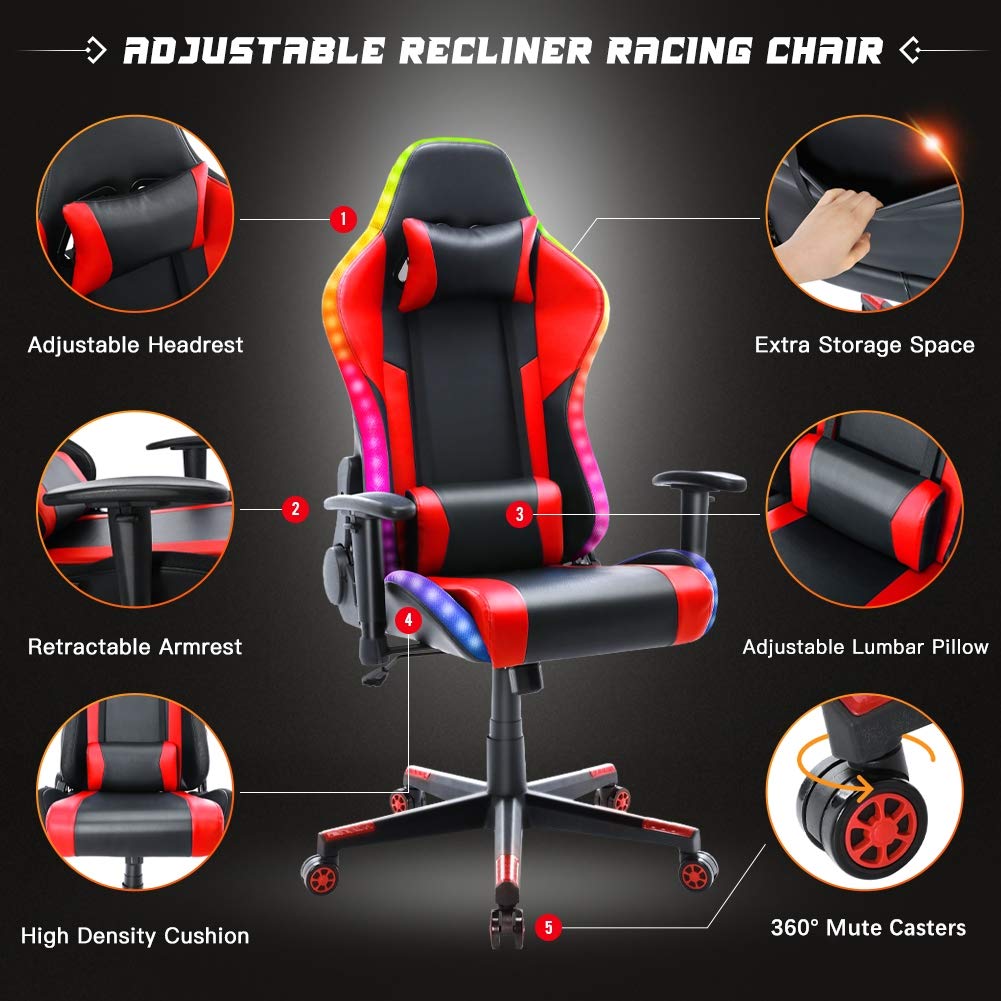Gaming Chair with Bluetooth Speakers RGB LED Lights, Music Video Game Chair, Ergonomic PU Leather High Back Computer Chair, Adjustable Reclining Racing Office Swivel Chair for Adult Teens (Red) YOUTHUP