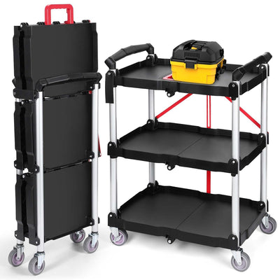 Folding Service Cart Heavy Duty 176 LBS w/ 360° Swivel Wheels Ergonomic Red Handle Foldable Utility Cart for Office Garage Home Kitchen Storage Collapsible Tool Cart