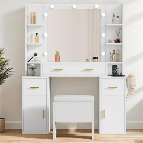 YITAHOME Vanity Desk with Mirror, Makeup Vanity Set with LED Lights and Power Outlet, Dressing Table with Drawers, Shelves, Cabinet, Storage Bench, 3 Color Modes Available, Snow White YITAHOME
