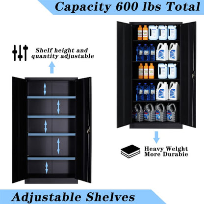 GREATMEET Metal Storage Cabinet with 4 Adjustable Shelves and Locking Doors, Tall Utility 72" H Locking Steel for Office,Pantry,Garage, Black - WoodArtSupply