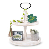 Mustry Rustic Wooden 2 Tiered Tray, Round Farmhouse Kitchen Table Decor Serving Tier Tray, Food Fruits Cupcake Display Coffee Bar Home Party Seasonal Decorations (White) mustry