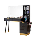 LUXOAK 54" Tall Vanity Desk with 35" W x 24" H Large Mirror and Lights, Large Makeup Vanity Table with 5 Drawers, 3 Shelves and Charging Station, Glass Top Desk for Bedroom, Dressing Room, Black LUXOAK