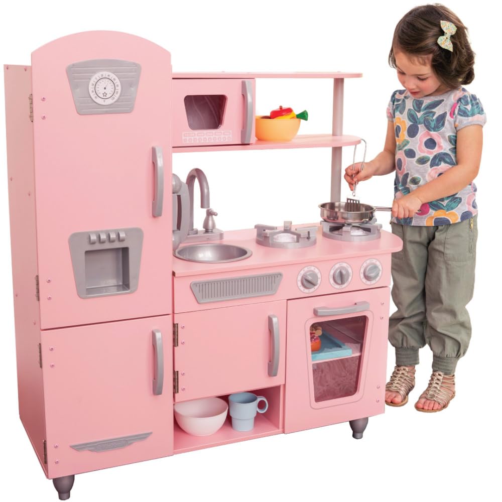 KidKraft Vintage Wooden Play Kitchen with Pretend Ice Maker and Play Phone, Pink KidKraft