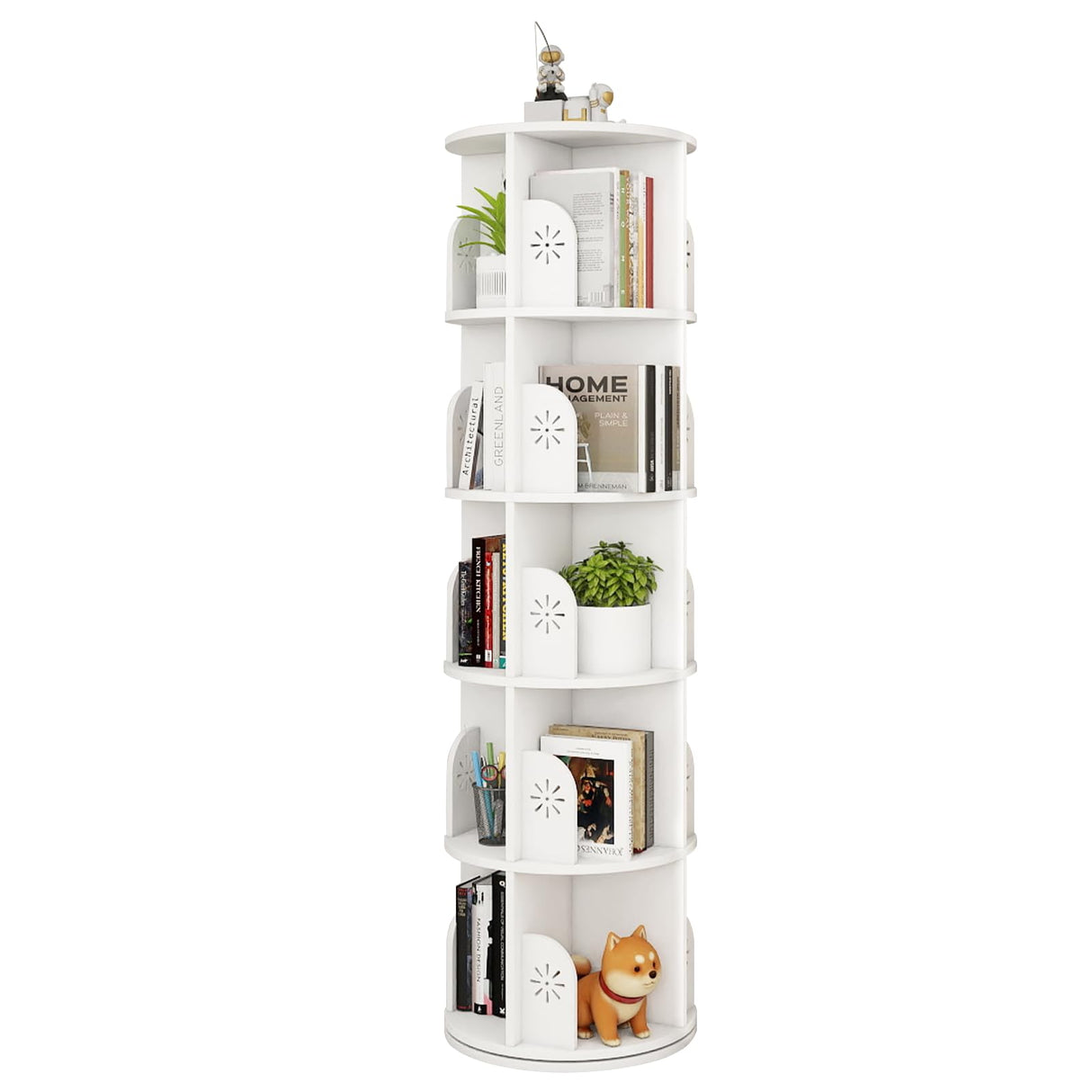Hestiasko 5 Tier Rotating Bookshelf, 360 Rotating Bookcase, Spinning Bookshelf Tower for Kids & Adults, Corner Book Shelf for Small Space, Revolving Bookcase for Bedroom, Living Room, White Hestiasko
