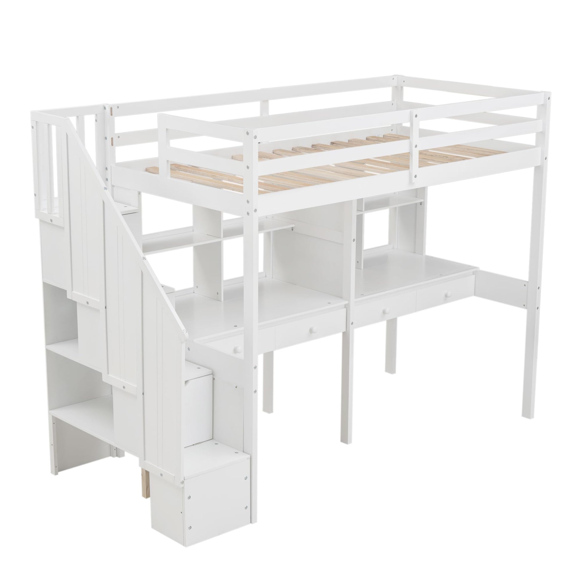 Harper & Bright Designs Twin Loft Bed with Stairs and Double Desks in White - Versatile Storage Solution for Kids - WoodArtSupply