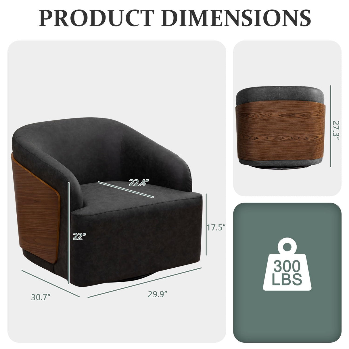 BALIAA 2pcs Swivel Accent Chair Faux Leather Swivel Barrel Chair Comfortable Mid Century Modern Chair Upholstered Metal Base Armchair for Living Room Bedroom Office Large Vintage Black BALIAA