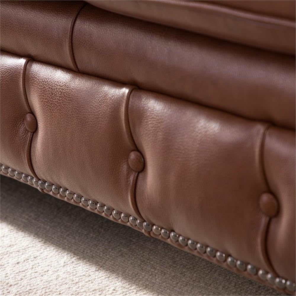 BOWERY HILL 95" W Traditional Leather Tufted Back Chesterfield Sofa with Removable Seat Cushions, Leg Assembly Required, for Living Room, in Chestnut Finish BOWERY HILL